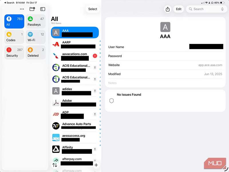 تصویر صفحه برنامه Passwords بر روی iPad