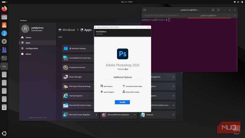 فتوشاپ که بر روی اوبونتو با WinBoat اجرا می‌شود