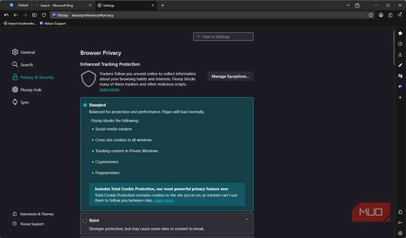 تنظیمات حریم‌خصوصی در مرورگر Floorp