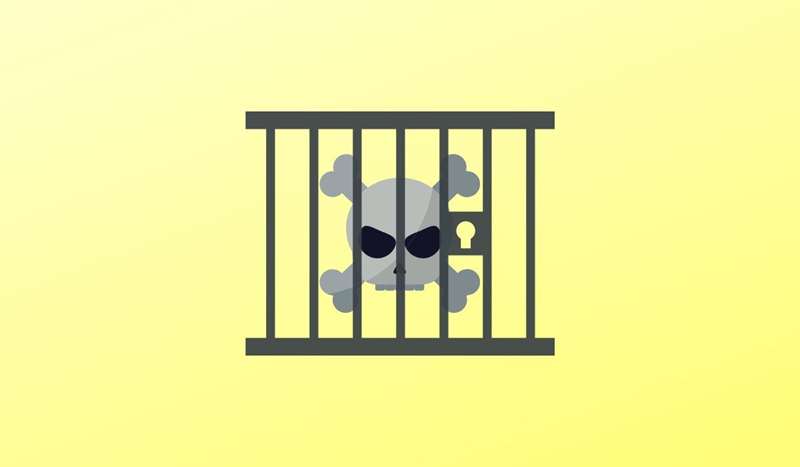 تصویر گرافیکی جمجمه‌ای که پشت میله‌ها بر پس‌زمینهٔ زرد دیده می‌شود