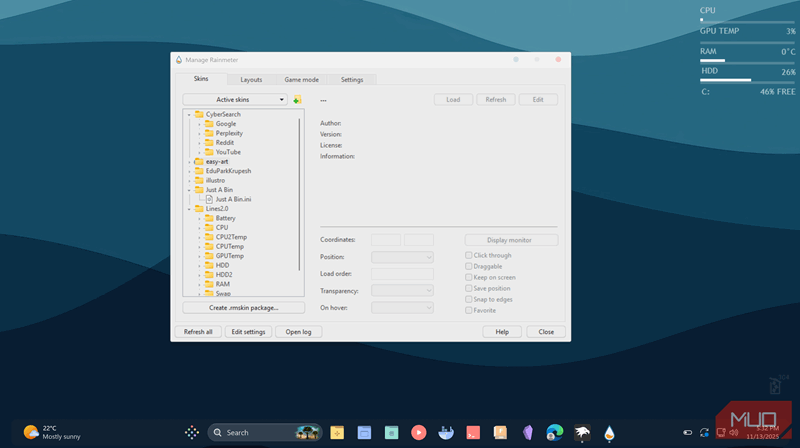 بارگذاری اسکین‌های ابزار Rainmeter
