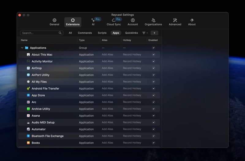 صفحه تنظیمات Raycast