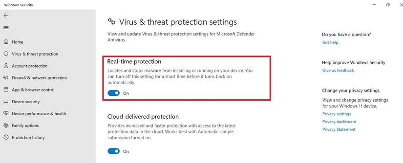 غیرفعال کردن حفاظت زمان واقعی