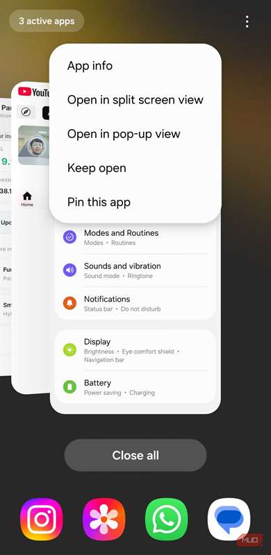 منوی برنامه‌های اخیر در گوشی سامسونگ