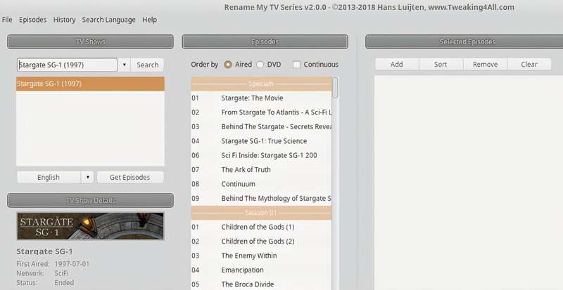 صفحه فایل در Rename My TV Series.