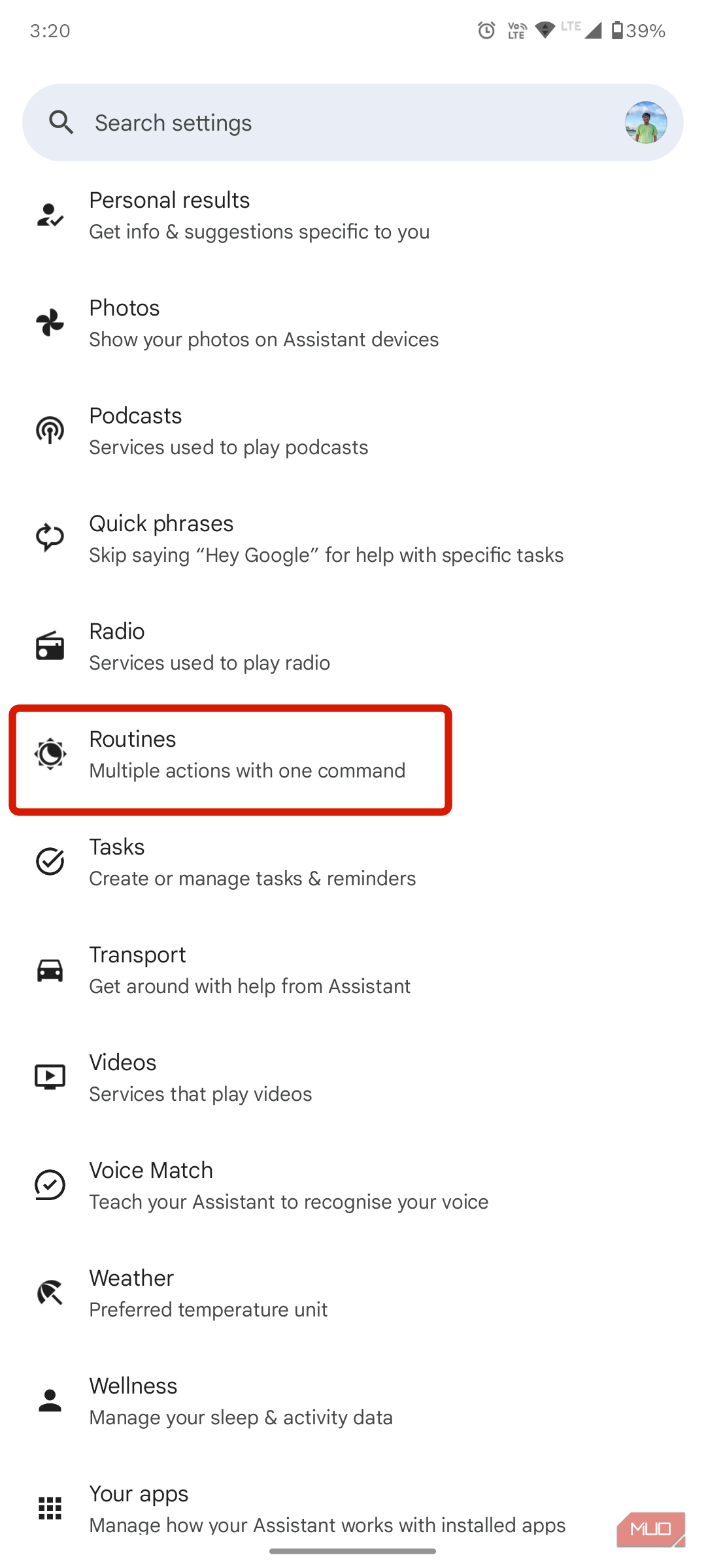 تنظیمات روتین در داخل تنظیمات Google Assistant.