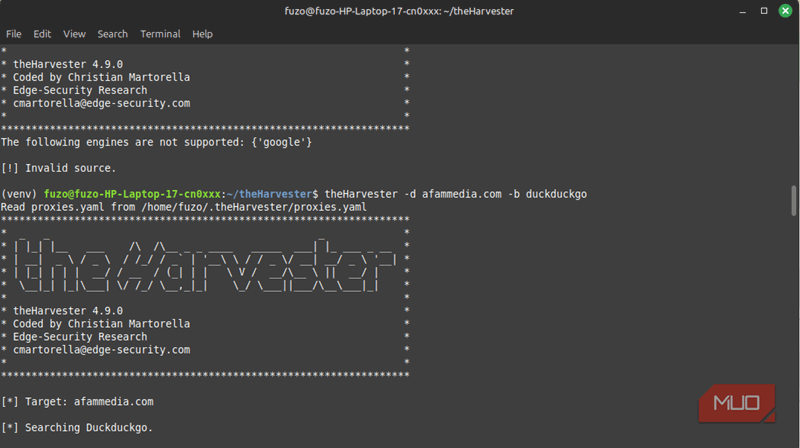 اجرای اسکن برای دامنه شخصی با theHarvester