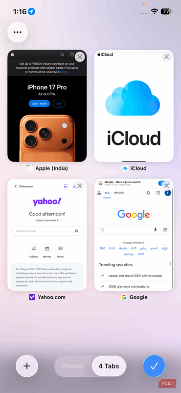 نمای برگه‌های Safari بدون آیفون