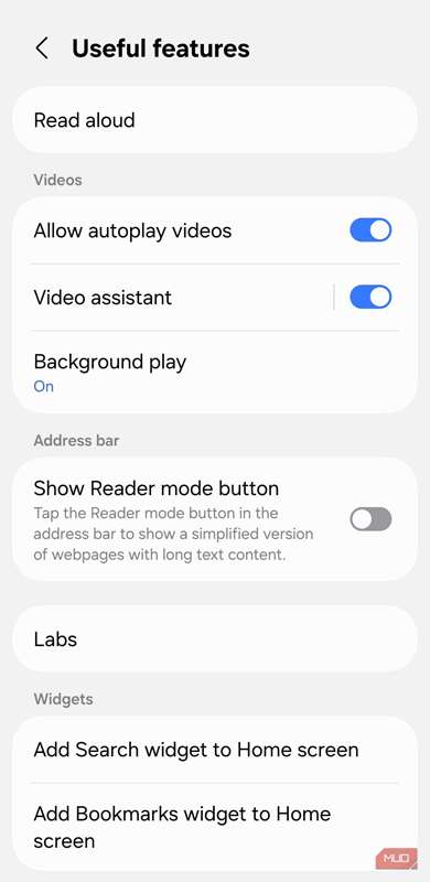 منوی ویژگی‌های مفید اینترنت سامسونگ بر روی گوشی