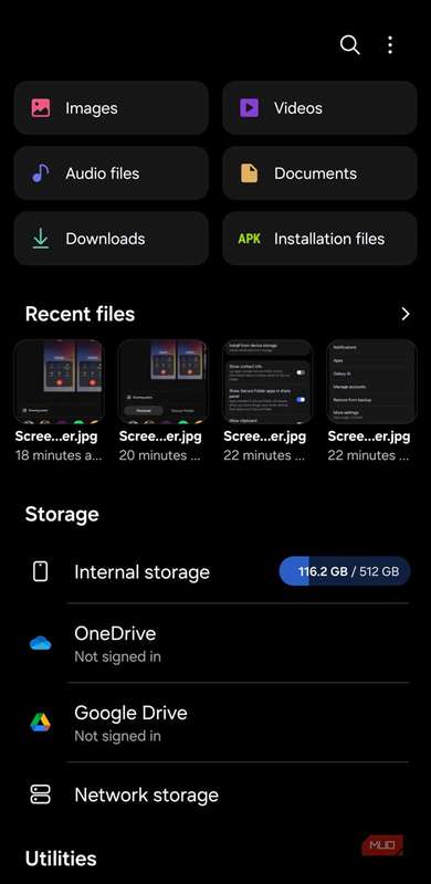 صفحه اصلی Samsung My Files که دسته‌بندی‌ها و فایل‌های اخیر را نشان می‌دهد