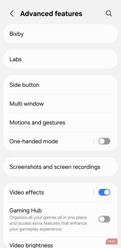 منوی ویژگی‌های پیشرفته گوشی سامسونگ