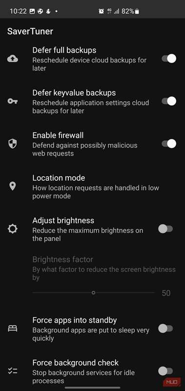 تنظیمات برنامه SaverTuner برای بهینه‌سازی عملکرد دستگاه و مصرف انرژی.