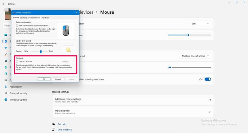 نحوهٔ فعال‌سازی ClickLock در صفحه تنظیمات اضافی ماوس