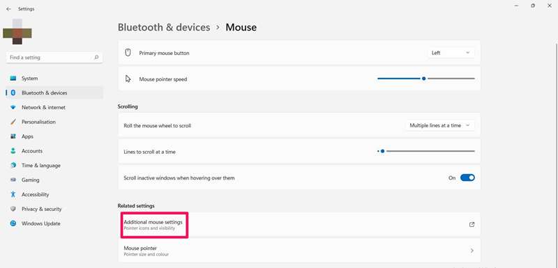 تصویر‌برداری از صفحه تنظیمات اضافی ماوس