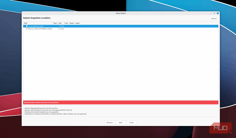 نمایش TimeShift باز با دو درایو برای ایجاد اسنپ‌شات
