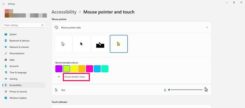 تصویر‌برداری از صفحه تنظیمات نشانگر ماوس ویندوز ۱۱