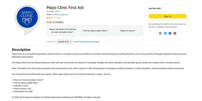 تصویر صفحه وب مهارت Alexa Mayo Clinic First Aid