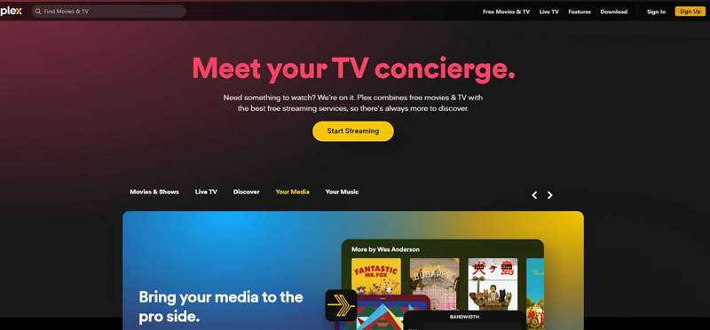 صفحه اصلی Plex که خدمات موجود را نشان می‌دهد.