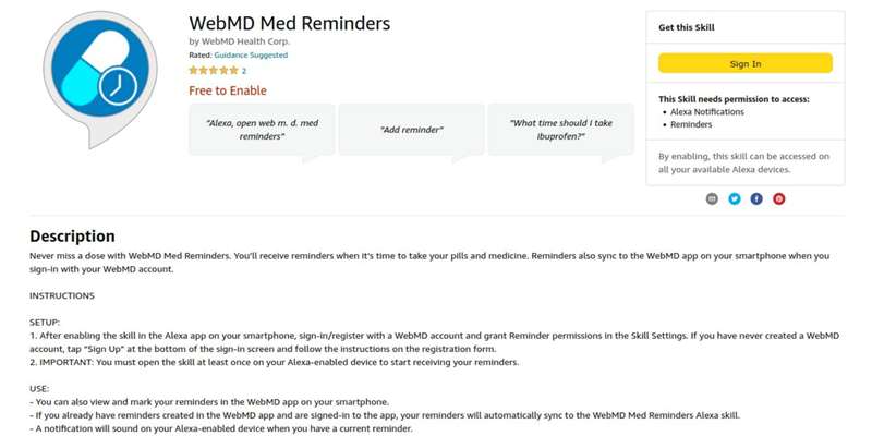 تصویر صفحه مهارت یادآوریهای دارویی WebMD