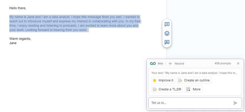 پیشنهادهای GrammarlyGO