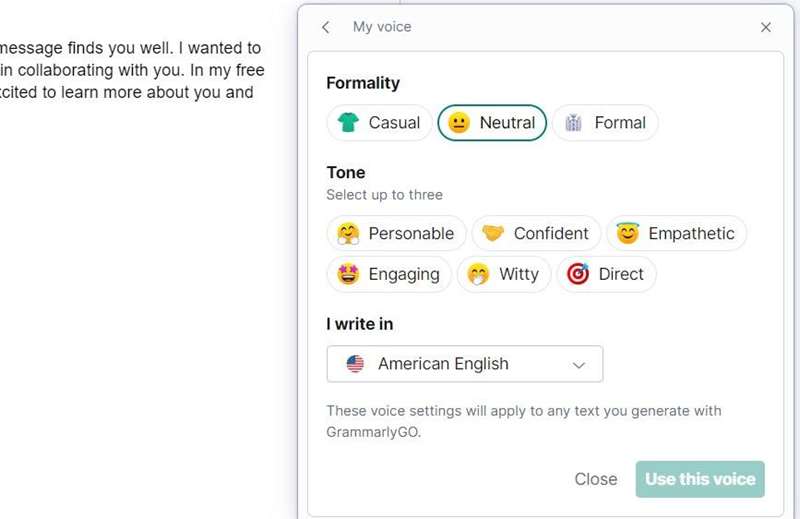 تنظیمات صدا در GrammarlyGO