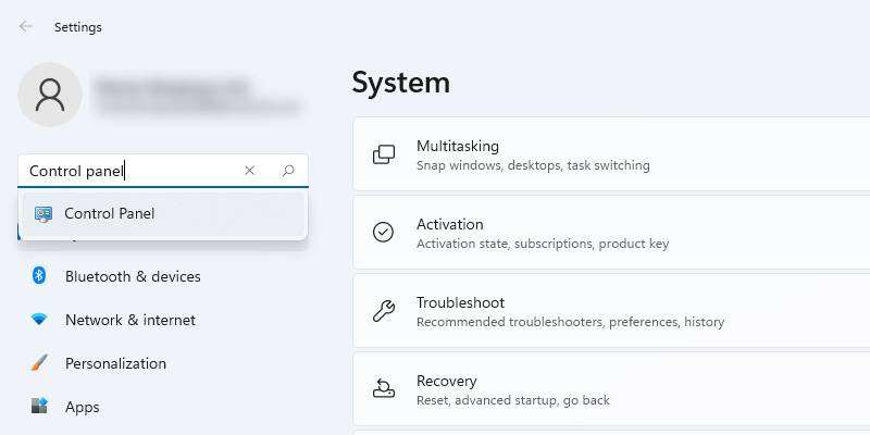 جستجو برای کنترل پنل در تنظیمات