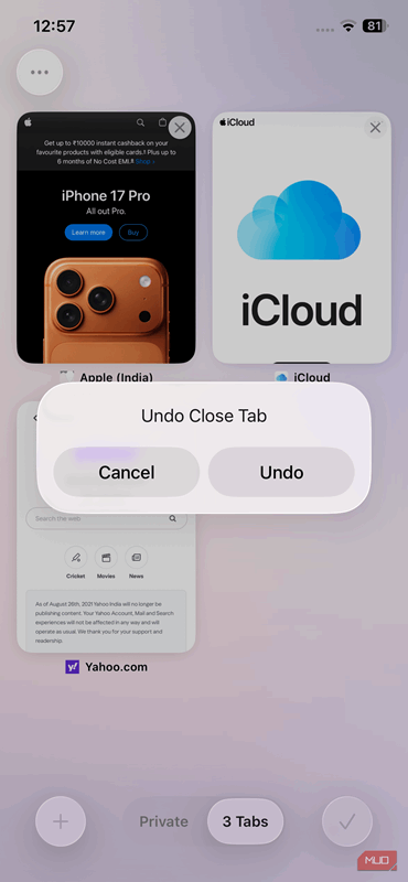 لرزش برای لغو بسته شدن برگه در آیفون