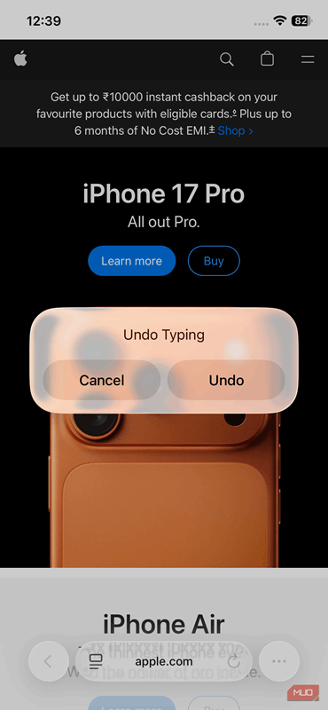 لرزش برای لغو نوشتن در آیفون