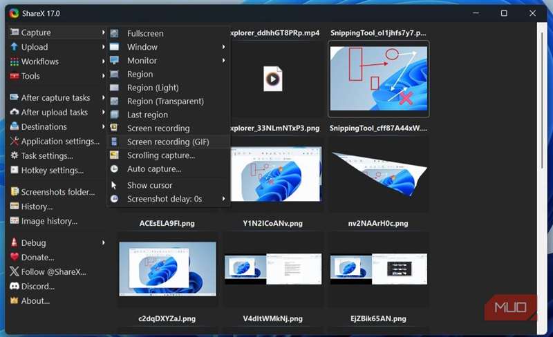 برنامه ShareX که گزینه‌های ضبط را در ویندوز نشان می‌دهد