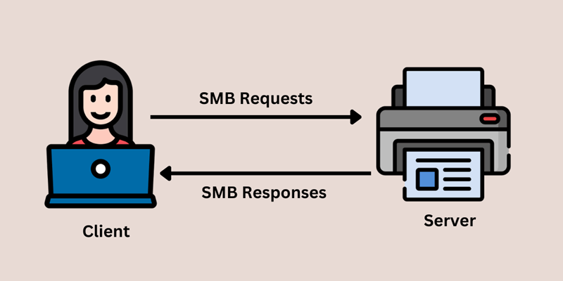 دختری با لپتاپ که بهعنوان کلاینت درخواستهای SMB را ارسال میکند و چاپگری که بهعنوان سرور پاسخهای SMB را میفرستد
