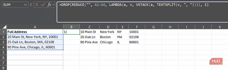 تقسیم ردیف‌ها و افقی‌چین کردن نتایج بدون کمک‌کننده‌ها با استفاده از REDUCE در اکسل