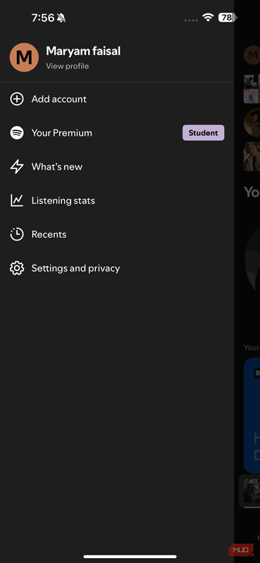 گزینهٔ آمار گوش دادن Spotify در منو