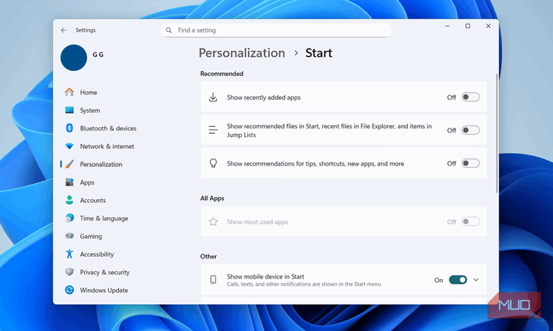 تنظیمات سفارشیسازی منو استارت در ویندوز ۱۱