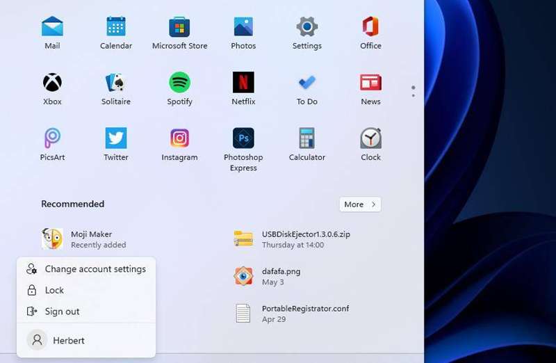 گزینه‌های حساب کاربری منوی استارت