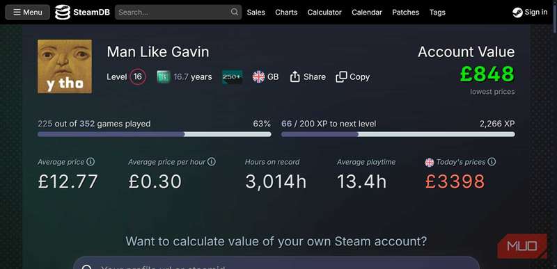 ارزش حساب محاسبهگر steamdb.