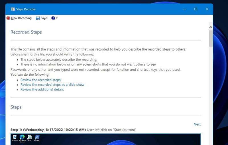 برنامه Steps Recorder