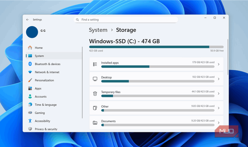 منوی ذخیره‌سازی در ویندوز ۱۱