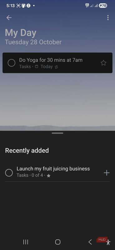 پیشنهادها در صفحه My Day در Microsoft To Do بر روی موبایل.