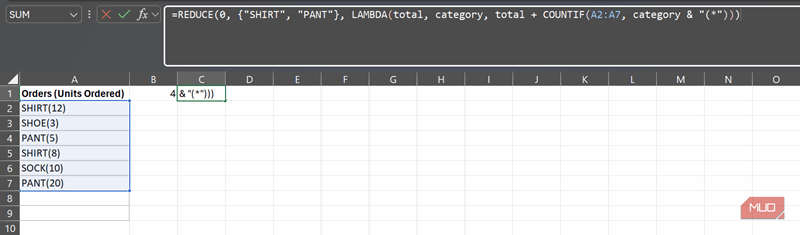جمع کردن مقادیر تعبیه‌شده در رشته‌های متنی ترکیبی با استفاده از REDUCE در اکسل