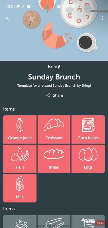 قالب ناهاریک یکشنبه توسط Bring! با آیتم‌های آن فهرست‌شده.