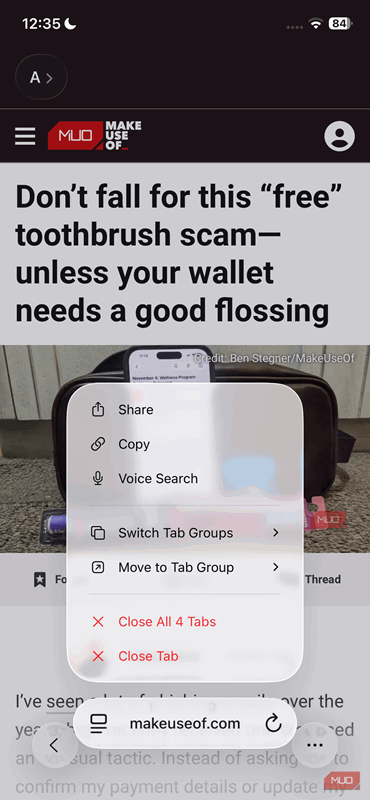 گزینه‌های برگه در Safari برای آیفون