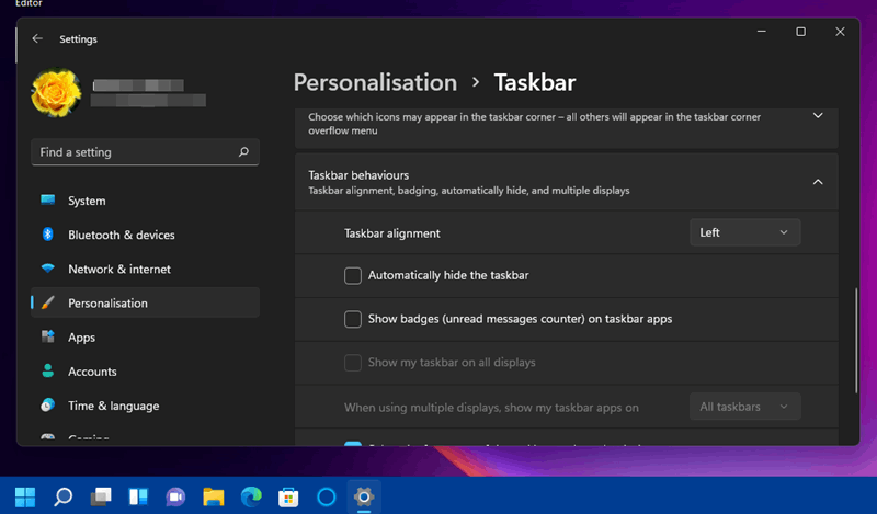 تنظیم‌اتراز نوار وظیفه