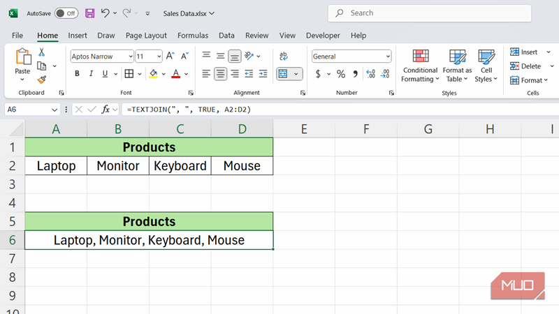 توابع TEXTJOIN برای ترکیب نام محصولات با کاما در اکسل