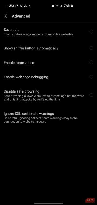 منوی تنظیمات پیشرفته در مرورگر Via