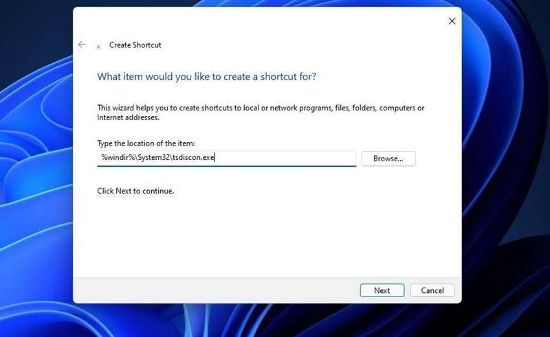 پنجره ایجاد شورتکات