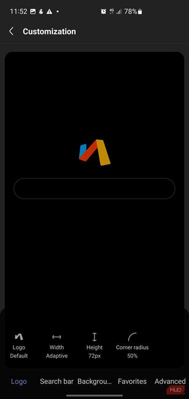 تنظیمات سفارشی‌سازی در مرورگر Via که گزینه‌های تنظیم عرض، ارتفاع و شعاع گوشه لوگو را نشان می‌دهد