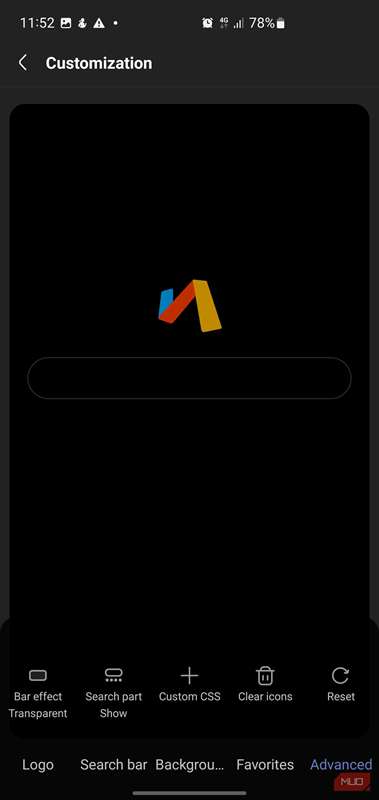 تنظیمات سفارشی‌سازی در مرورگر Via با برگه پیشرفته انتخاب شده