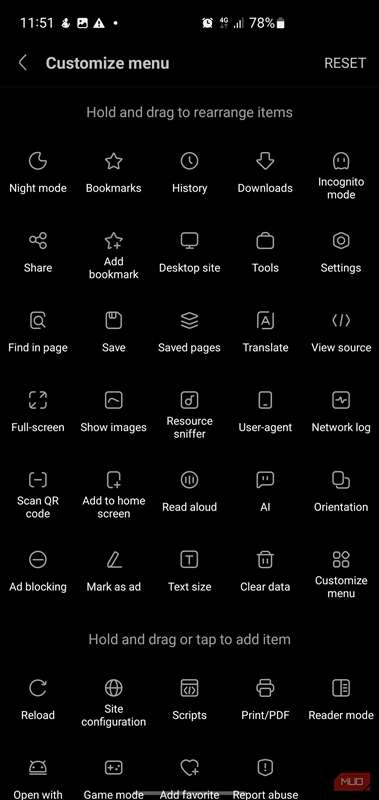 صفحه تنظیمات منوی سفارشی‌سازی در مرورگر Via