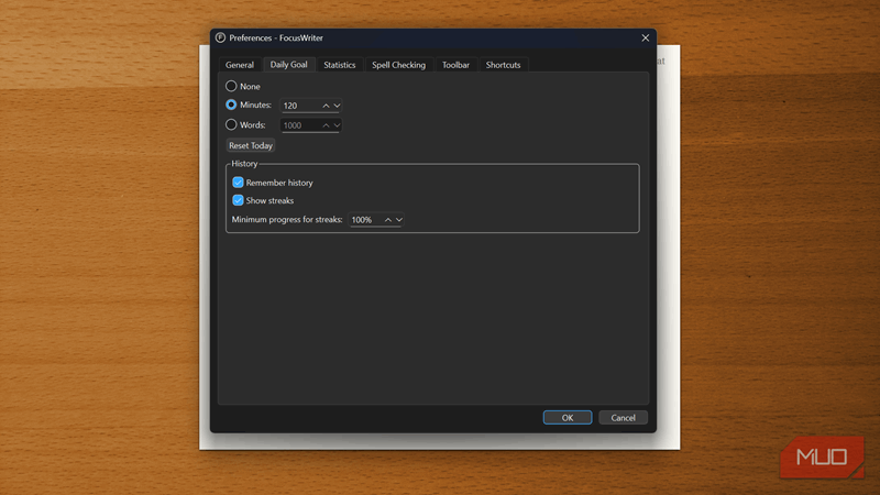 برگه هدف روزانه تحت ترجیحات در برنامه FocusWriter