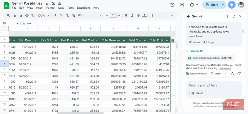 گزینهٔ Export to Docs در گفت‌وگو با Gemini در Sheets.